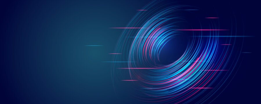 Futuristic red and blue stripes in the form of a ring. Modern high-tech background for presentations and websites. Abstract background with glowing dynamic lines.