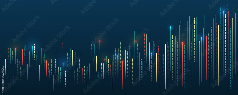 Fototapete Hi-tech concept of data structuring. Futuristic fragmentation of information. Big data visualization on dark background. An array of multi-colored lines.
