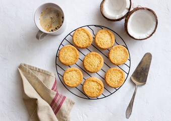 Coconut cookies on a white background. Coconuts.