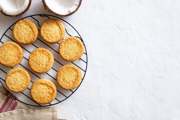 Coconut cookies on a white background. Coconuts.