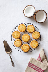 Coconut cookies on a white background. Coconuts.