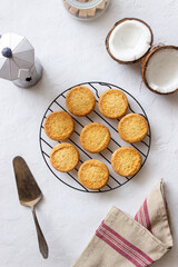 Coconut cookies on a white background. Coconuts.
