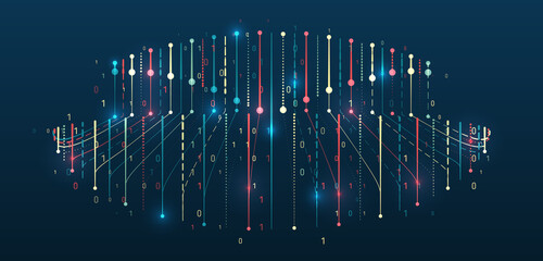 An array of multi-colored lines. Hi-tech concept of data structuring. Futuristic fragmentation of information. Big data visualization on dark background.