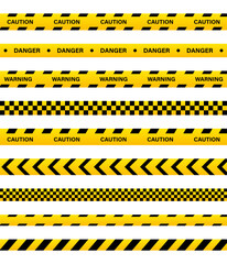 Yellow caution and danger ribbons and line tapes with black stripes for police, safety on construction, barrier. Vector. Attention, crime zone signs, banner. Security border and area - obrazy, fototapety, plakaty