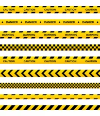Fotobehang Yellow caution and danger ribbons and line tapes with black stripes for police, safety on construction, barrier. Vector. Attention, crime zone signs, banner. Security border and area © grate_art