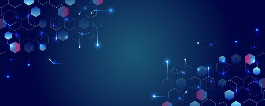 Hi-tech digital technology and engineering concept. Wide Sci fi template with polygons. Futuristic illustration. Abstract hexagons science on the blue background.
