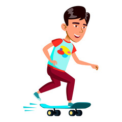 Schoolboy Child Riding Skateboard Sport Vector. Asian School Boy Kid Ride Skateboard In Extreme Park. Happy Character Skateboarding Outdoor, Energy Activity Flat Cartoon Illustration