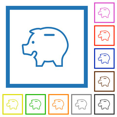 Left facing piggy bank outline flat framed icons
