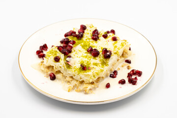 Gullac dessert (milk dessert) isolated on white background. Traditional Turkish dessert. close up