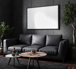 Frame mockup in living room interior background, industrial style, 3d render