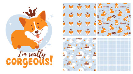 Corgi collection - seamless patterns and isolated illustration. Vector set with cute welsh corgi puppies. Funny and adorable dog character for cards, t-shirt prints, kids textiles or poster design.