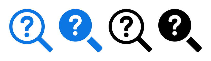 Magnifying glass and question mark icon set. Investigation symbol. Search icon vector illustration.