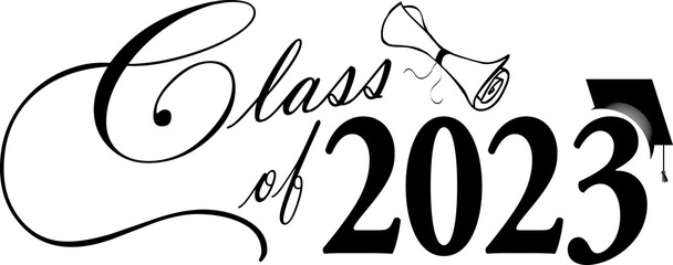 Fototapeta Class of 2023 Script Graphic With diploma and graduation Cap Black and White obraz
