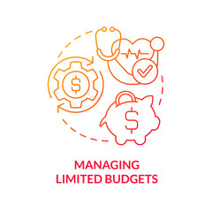 Managing limited budgets red gradient concept icon. Healthcare puzzling point abstract idea thin line illustration. Hospital expenses. Isolated outline drawing. Myriad Pro-Bold font used