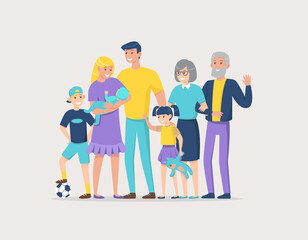 Fototapeta premium Happy big family. Father, mother, grandfather, grandmother, children. Vector flat illustration