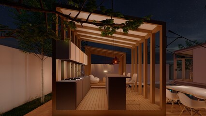 outdoor kitchen in the gazebo night view light on 3d illustration