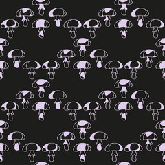 Silhouettes of mystical luminous mushrooms lined up in the shape of a heart. Vector illustration for wallpaper or print fabric and paper of a magical forest on a black background.