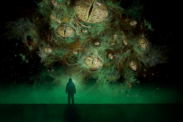 A cosmic horror concept. Of a alien monster with many eyes floating above a figure at night.