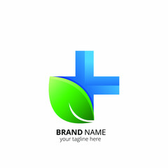 health logo vector design. cross and leaf combination logo.