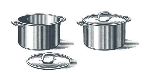 Metal pots with top. Hand drawn engraving style vector illustration.