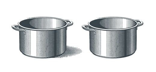Metal pots. Hand drawn engraving style vector illustration.