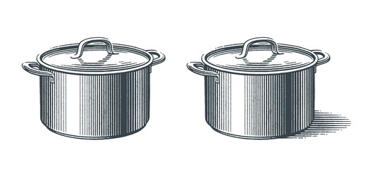 Metal pots with top. Hand drawn engraving style vector illustration.