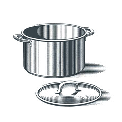 Metal saucepan with lid. Hand drawn engraving style vector illustration.