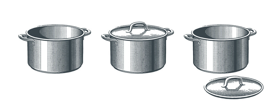 Metal saucepans with lid on it. Hand drawn engraving style vector illustration.