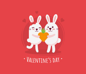 Postcard for Valentine's Day. Two white bunnies in love are holding a heart-shaped carrot on a red background. Vector illustration.