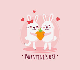 Postcard for Valentine's Day. Two white bunnies in love are holding a heart-shaped carrot on a pink background. Vector illustration.