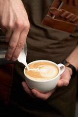Barista hands pouring milk in coffee cup, close-up