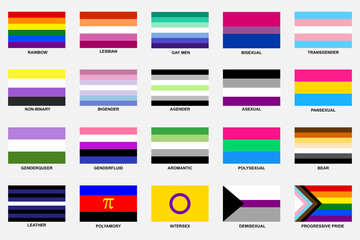 LGBT sexual identity pride flags collection. Rainbow lesbian gay bisexual transgender non binary
