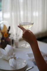 Woman hand holding glass with martini cocktail, close-up