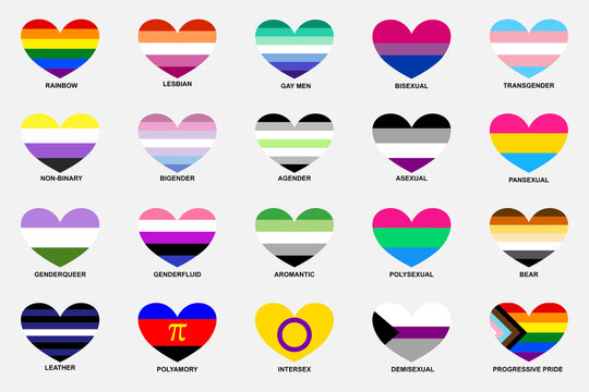 LGBT sexual identity pride heart shaped flags collection. Rainbow lesbian gay bisexual transgender non binary