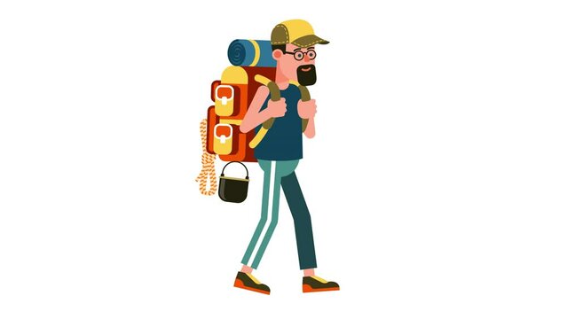Cartoon hiker with backpack. Men tourists walking animation.