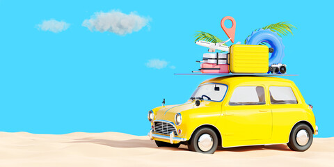 3d render of retro car with travel and vacation concept.