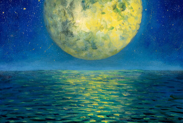 Moon and sea of night seascape painting, beautiful big planet moon and ocean on canvas artwork.