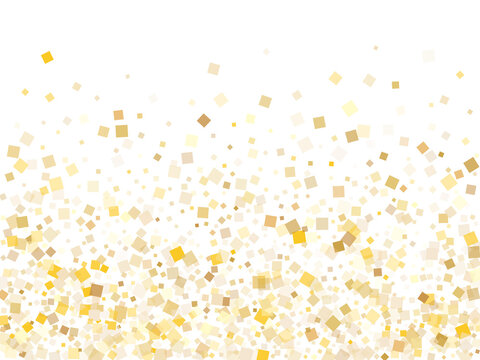 Abstract gold square confetti tinsels falling on white. Rich holiday vector sequins background. Gold foil confetti party pieces isolated. Overlay pieces surprise backdrop.
