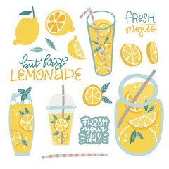 Set of lemonade elements - lemon, ice, straw, plastic cut, glass, jar, lettering quotes. Slice lemon, whole, half. Vector icons of smoothie lemonade fresh juice detox in flat cartoon illustration.