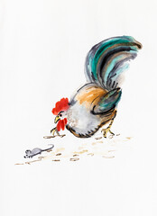 rooster chasing away a grey mouse © krimzoya46