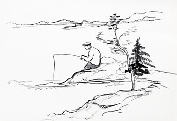 Lonely fisherman on the river bank