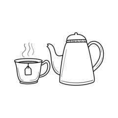 Teapot and cup vector illustration in hand-drawn style isolated on white background