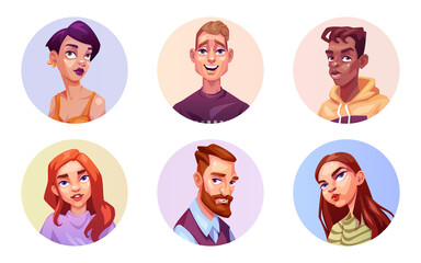 Set of avatars-portraits people of different races and ages. Male and female faces in a round frame. Vector illustration in cartoon style.