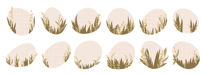 Abstract nature background. Botanical leaves in soothing colors. Round templates in simple minimal style - floral frame with space for text or letters. Suitable for social media posts. Vector