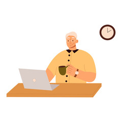 Cute old man working on laptop computer at home. Elderly person study to work on notebook or computer. Active life, modern technology, old age, work remotely, freelance. Vector flat illustration.