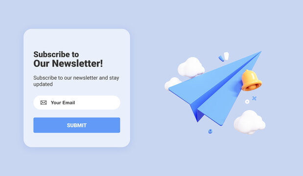 Subscribe To Newsletter Banner Template With Cartoon Paper Airplane. Email Business Marketing Concept. Subscription To News And Promotions. Registration Form. Web Button Mockup. 3D Rendering