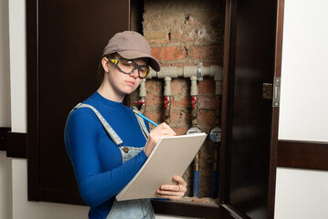 young female blue collar manual labour worker wearing protective glasses writes meter counter readings