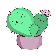Naklejka premium Cute cactus characters in a flower pot. Vector illustration.