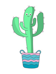 Cute cacti in flower pots collection. Vector illustration of design elements set.
