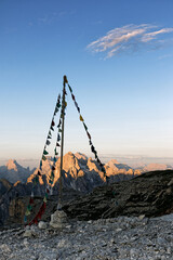 Peaks of the Cadini Dolomites in the first morning light, mountains in summer, Alps, Italy, Europe